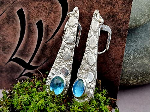 Blautopas Ohrhänger aus 925er Silber im Design "alter Spitzenstoff", mit Brisuren, Unikat, Handarbeit