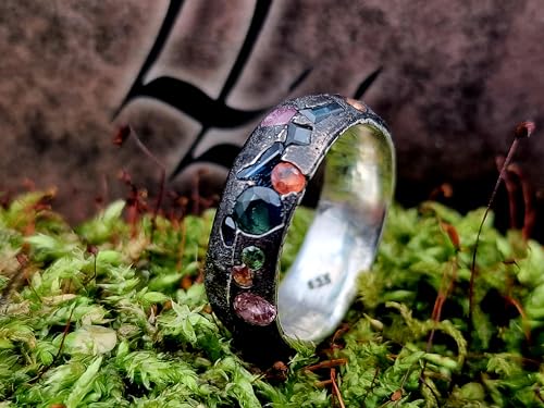 LeoLars-PABE Design Sandguss Ring, Gr.56 (17,8), aus 925er Silber mit echten verschieden farbigen Edelsteinen, Vulkan Design, geschwärzt, Unikat, Handarbeit