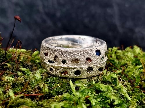 LeoLars-PABE Design Sandguss Ring, Gr.56 (17,8), aus 925er Silber mit verschiedenen echten eingegossenen Edelsteinen, Nr.50, Unikat, Handarbeit