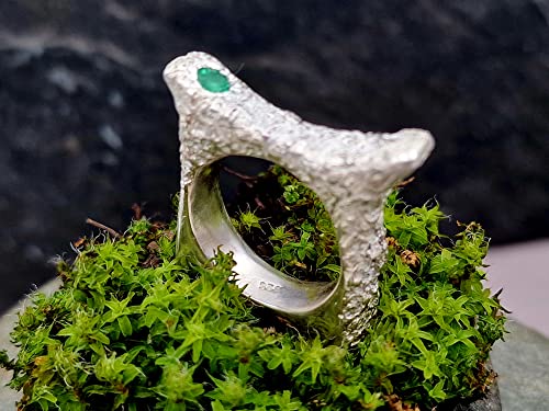 LeoLars-PABE Smaragd Design Ring, Gr.54, aus 925er Silber mit außergewöhnlicher Structure Design Oberfläche, Kolumbianischer Smaragd d-4mm, Unikat Handarbeit