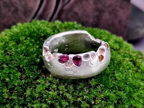 LeoLars-PABE Sandguss Design Ring, Gr.61, aus 925er Silber mit eingegossenen Rubin und Saphir, sehr massiv, Sandguss Oberfläche, Unikat, Handarbeit
