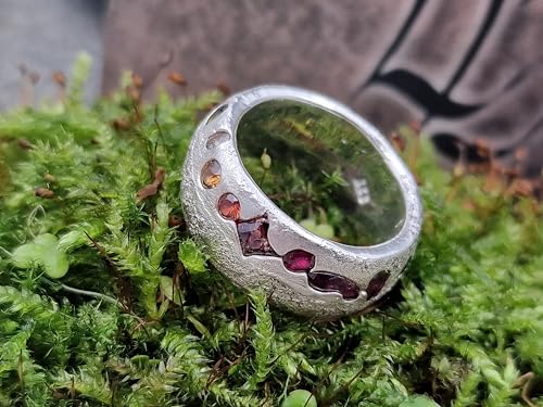 LeoLars-PABE Regenbogen farbener Sandguss design Ring, Gr.53-54 (17), aus 925er Silber mit eingegossenen echten bunten Edelsteinen, Unikat, Handarbeit