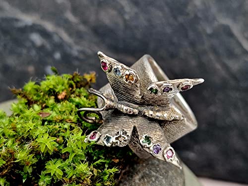LeoLars-PABE Schmetterling Design Ring, Gr. 59, aus 925er Silber mit verschiedensten echten Edelsteinen und geschwärzter echter Pampasgrasstruktur, Unikat, Handarbeit