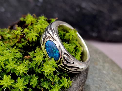 LeoLars-PABE Schwarzer Opal Wellen Design Ring, Gr.58, aus 925er Silber, Opal grün-blaues Opalfeuer, teilgeschwärzt, massiv, Unikat, Handarbeit