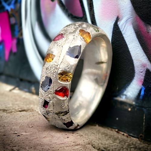 LeoLars-PABE Mehrfarbiger Design sandguss Ring, Gr. 54 (17), mit verschiedenen echten eingegossenen Edelsteinen aus 925er Silber, Nr.62, Unikat, Handarbeit