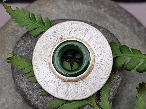 LeoLars-PABE Jade Ring Design Anhänger aus 925er Silber mit Feingold Ring um die Fassung, geprägt, versteckte Öse, Unikat, Handarbeit
