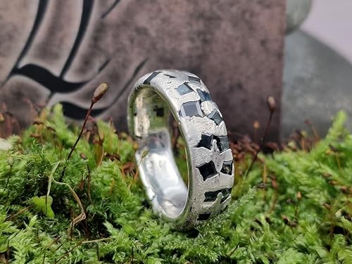 LeoLars-PABE Saphir Design Sandguss Ring, Gr.62 (19,7) aus 925er Silber mit vielen echten blau-grünen eingegossenen Saphiren, Handarbeit, Unikat