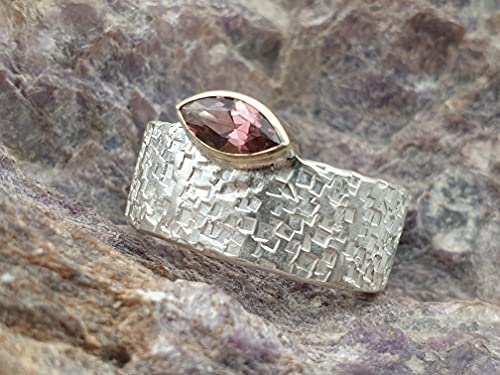 LeoLars-PABE Rosa Turmalin Ring, Gr.54, aus 925er Silber mit 585er Goldfassung, Structure Design, Unikat, Handarbeit
