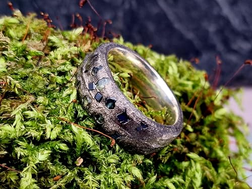 LeoLars-PABE Saphir Sandguss Design Herren Ring, Gr. 64 (20,2), aus 925er Silber mit eingegossenen Saphiren von blau nach grün, Unikat, Handarbeit