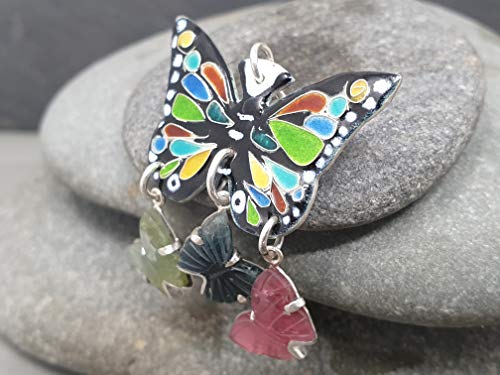LeoLars-PABE Emaille Schmetterling mit 3 Turmalin Schmetterlingen aus 925er Silber als Anhänger, Unikat, Handarbeit