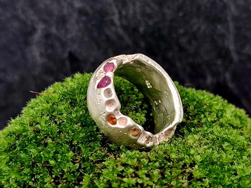 LeoLars-PABE Sandguss Design Ring, Gr.61, aus 925er Silber mit eingegossenen Rubin und Saphir, sehr massiv, Sandguss Oberfläche, Unikat, Handarbeit