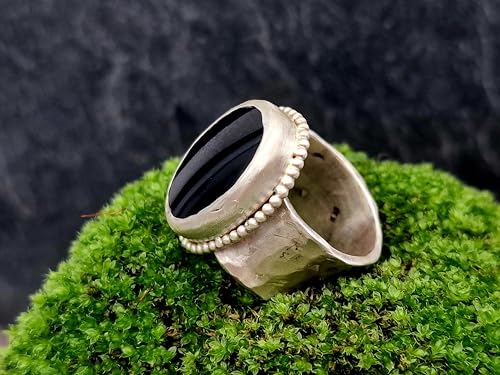 LeoLars-PABE Onyx Design Ring, Gr.58-59, aus 925er Silber, gehämmert, mit Perldraht Rahmen, massiv, Unikat, Handarbeit