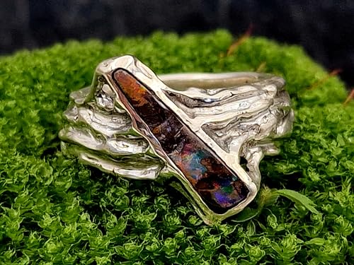 LeoLars-PABE Boulder Opal Design Ring, Gr.58, aus 925er Silber im organischen Design, Opal Multicolor, natürlich, wie gewachsen, Unikat, Handarbeit