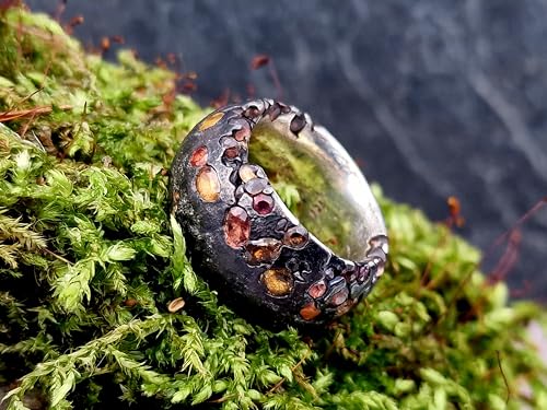 LeoLars-PABE 925er Silber Ring im Sandguss Design, Gr. 56 (17,8), im Vulkan Design mit eingegossenen verschieden farbigen hochwertigen Saphiren, Unikat, Handarbeit