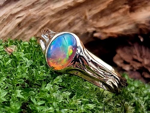 LeoLars-PABE Lightning Ridge Chrystal GEM Opal Design Ring, Gr. 58, aus 585er Gelbgold, Multicolor High End Opal, holzgemaserte Oberflächen Struktur, Unikat, Handarbeit