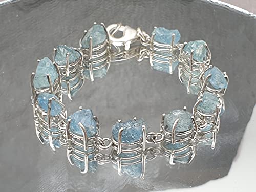 LeoLars-PABE Aquamarin Rohstein Armband aus 925er Silber, 11 Aquamarine, 19cm lang, Unikat, Handarbeit