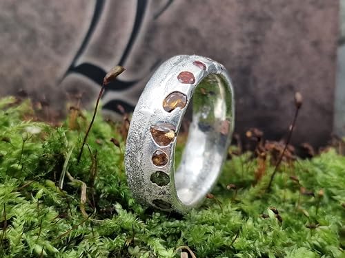 LeoLars-PABE Mehrfarbiger Sandguss Design Ring, Gr. 61 (19,2) mit verschiedenen eingegossenen echten Edelsteinen aus 925er Silber, Unikat, Handarbeit