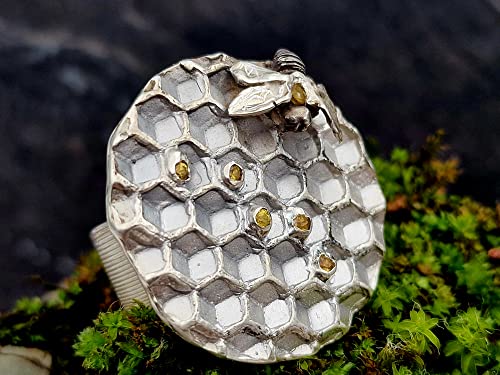LeoLars-PABE Bienen Design Ring mit Wabe und Citrinen, Gr.58-59, aus 925er Silber, Gelb, Honig, Biene, mit Pampasgrasstruktur, Unikat, Handarbeit