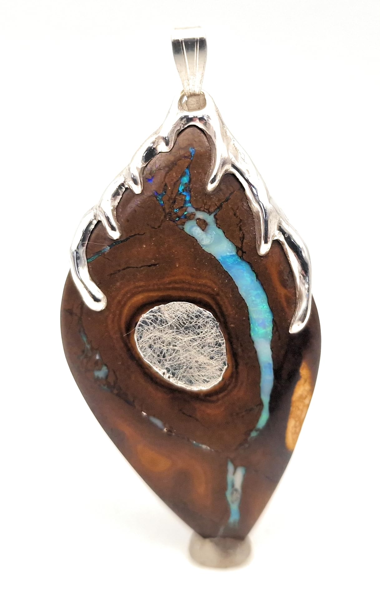 LeoLars-PABE Design Anhänger mit Boulder Opal aus 925er Silber, Silber Inlay, Tropfen Design, Opalader mit grün-blauen Opalfeuer, Unikat, Handarbeit