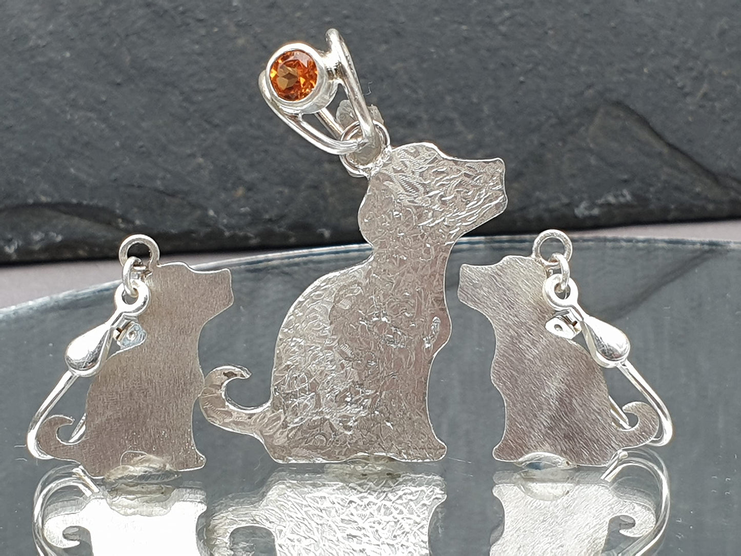 LeoLars-PABE Hunde Anhänger und Ohrhänger Set mit Citrin aus 925er Silber mit Brisuren, Handarbeit